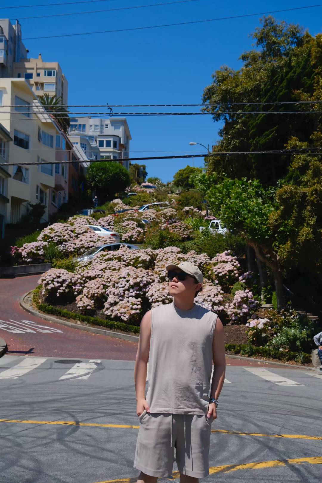 Sunny street with flowers